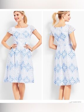 RSVP Talbots Fit & Flare Dress Womens 14 Flower Lace Jacquard Blue White Spring